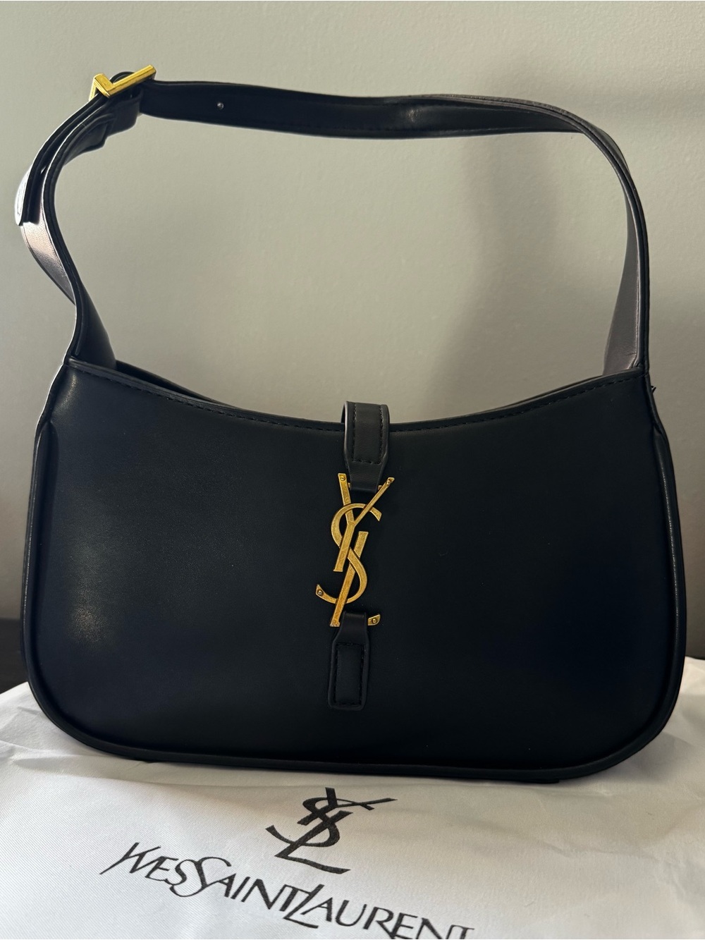 Saint Laurent Black Leather YSL Logo Shoulder Bag
